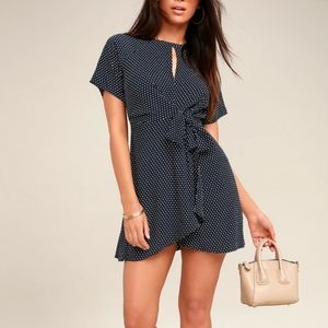 Lulu's Darling Details Navy Blue Polka Dot Knotted Wrap Mini Casual Dress XSmall